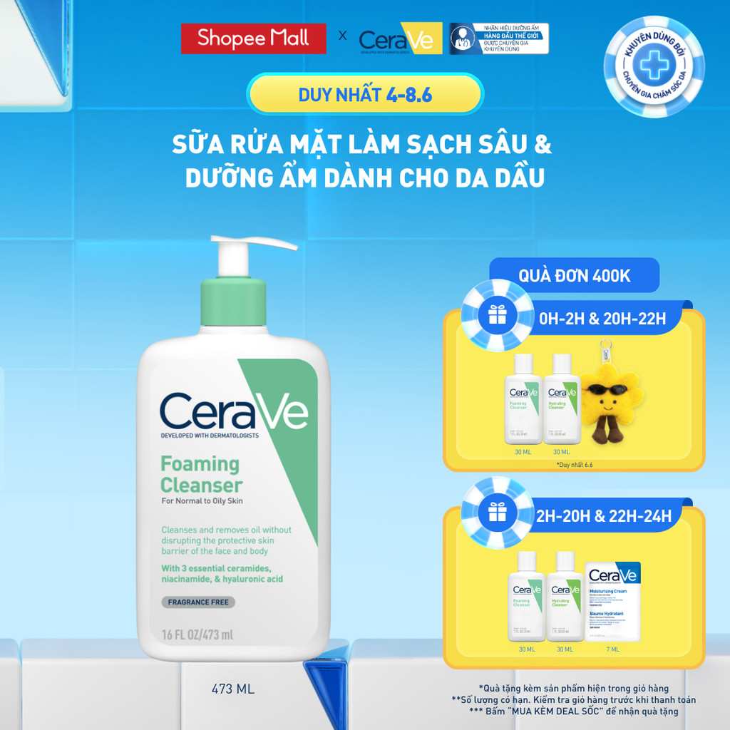 Sữa rửa mặt foaming giúp làm sạch sâu và dưỡng ẩm dịu nhẹ dành cho da dầu - CeraVe Foaming Facial Cleanser 473ML