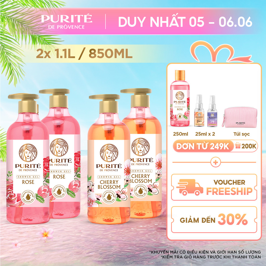 Combo 2 Sữa Tắm Thiên Nhiên PURITÉ Hương Hoa Anh Đào / Hoa Hồng 500ML/ 850ML/ 1.1L/ 1.4L
