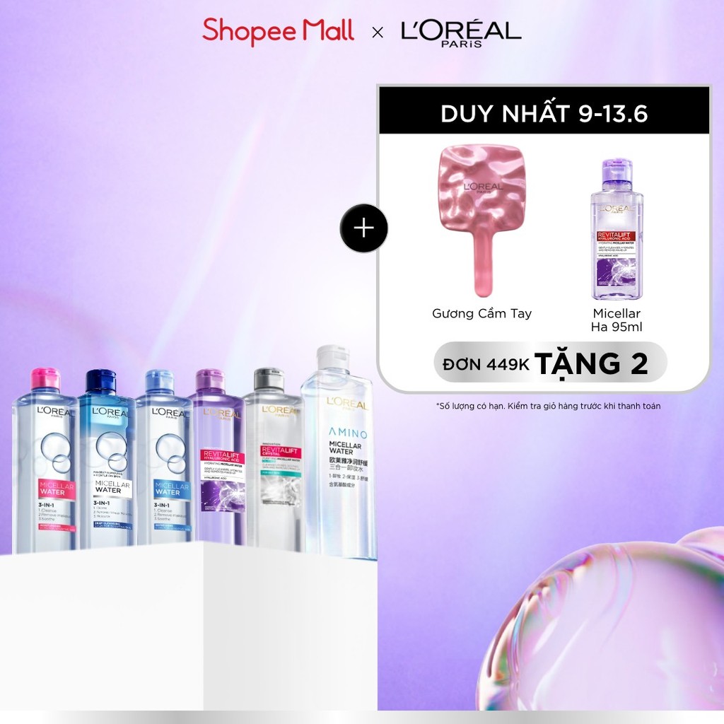 [AMINO MICELLAR MỚI] Nước tẩy trang làm sạch sâu, loại bỏ bụi bẩn & trang điểm 3-in-1 L'Oreal Paris Micellar Water 400ml