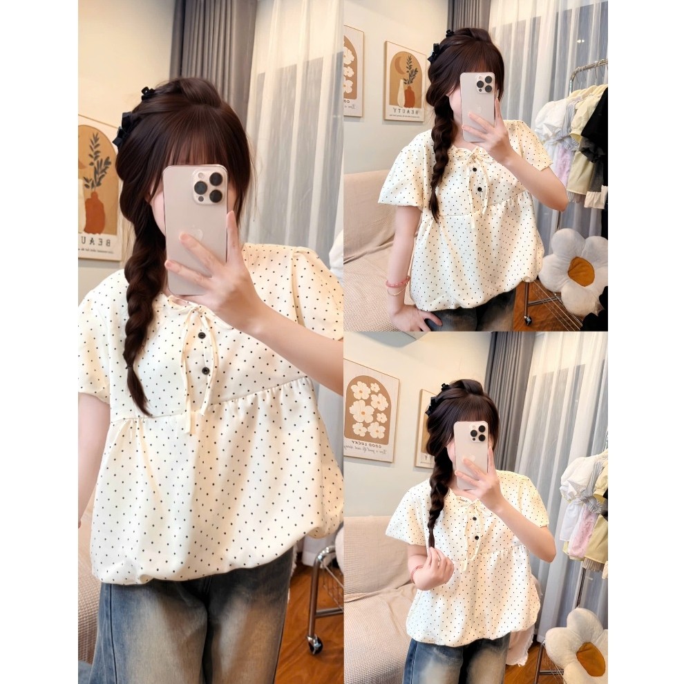 [DEAL MỞ BÁN] Áo babydoll be họa tiết chấm bi form dưới 55kg