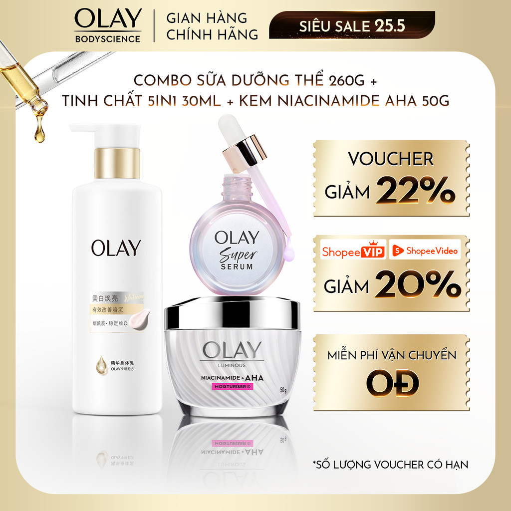 Combo Sữa dưỡng thể Sáng da Olay 260g + Super Serum 5in1 30ml + Kem Dưỡng Sáng Da Luminous Niacinamide Kết Hợp AHA 50G