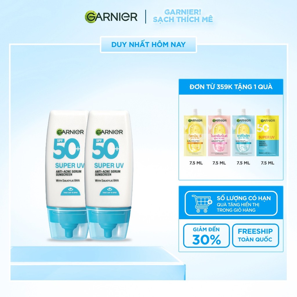 Bộ 2 Kem Chống Nắng Garnier Phổ Rộng Kiềm Dầu Đến 12H & Hỗ Trợ Giảm Mụn SPF 50+PA++++ 30mlX2