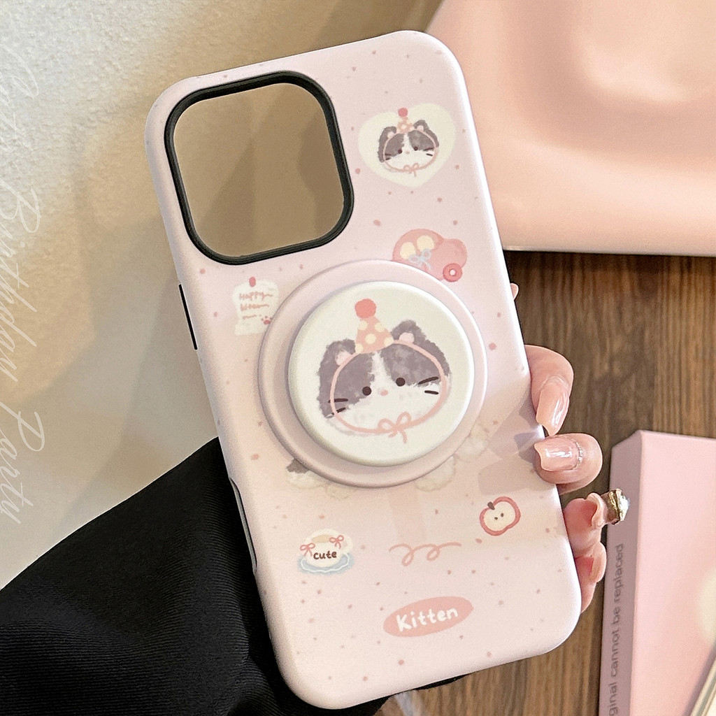 Ins Vỏ trong suốt từ tính hoạt hình mèo mặt béo dễ thương có giá đỡ cho Iphone 17 16 15 14 11 12 13 PRO MAX Vỏ bảo vệ AT2556
