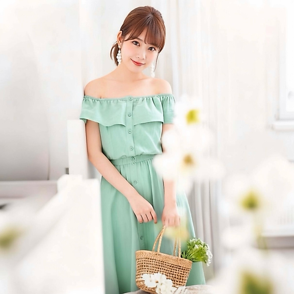 Đầm trễ vai thắt eo màu xanh mint, váy dạo phố du lịch  (kèm hình thật)