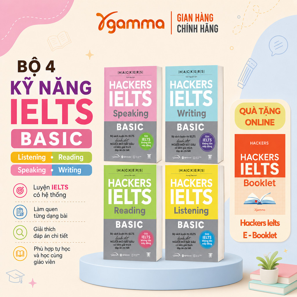 Sách – Combo Hackers IELTS Basic (Bộ 4 Cuốn) –  Kèm Lời Giải Chi Tiết (Band 3.0-5.5+) (Gamma Books)