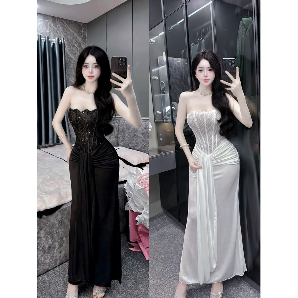Ld - Đầm dự tiệc thiết kế cúp ngực ôm body phối tà - Outfit tiệc tối thanh lịch cuốn hút