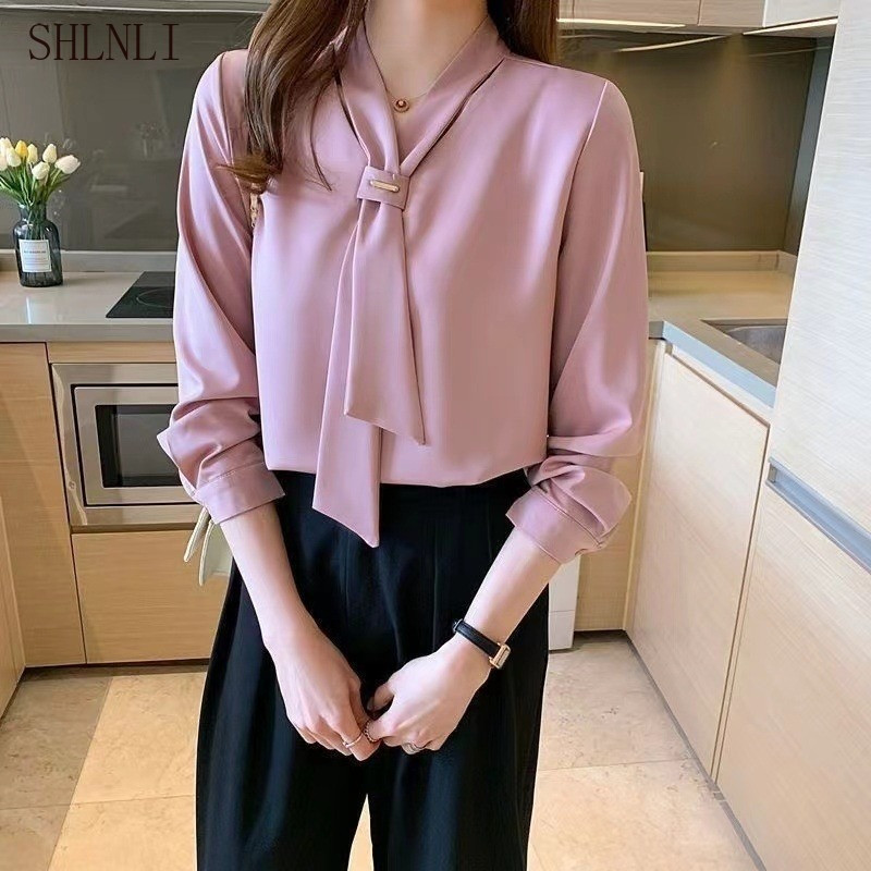 Mùa Xuân Thu Nữ Pháp Tối Giản Áo Sơ Mi Voan Cổ Chữ V Đế Dài Tay Top