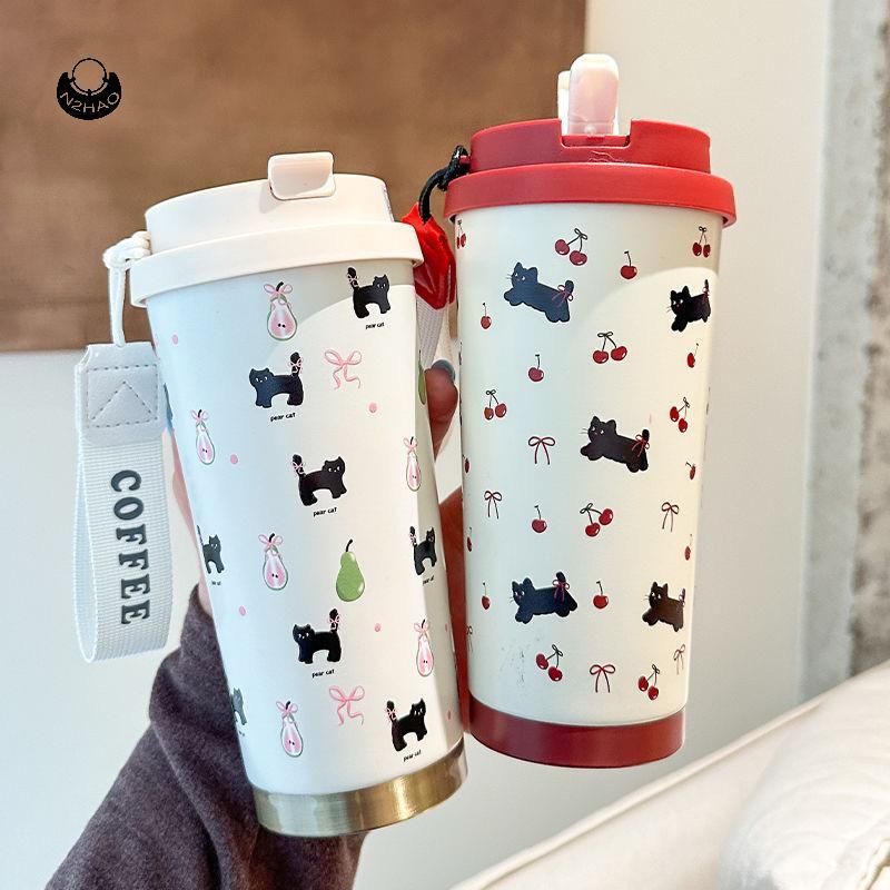 N2HAO Floral Kitten Design 550ml Cốc cách nhiệt chân không hai giọt, Bình nước di động 316 dung tích lớn QZZ
