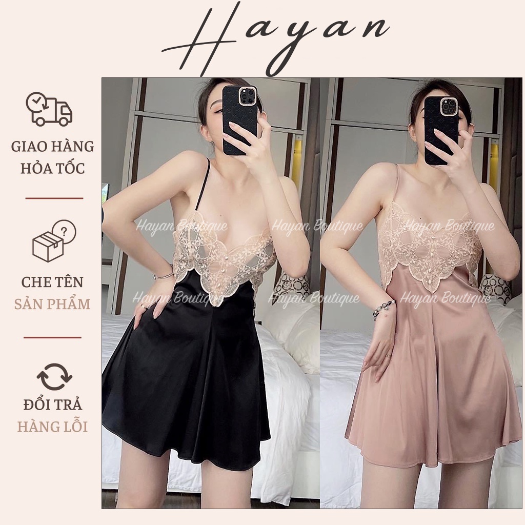 HT179 Váy ngủ sexy viền ren xẻ ngực quyến rũ, đồ ngủ lụa dáng xòe siêu hách dáng HT179