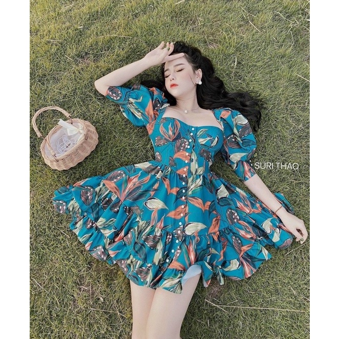 Đầm Lụa Hoa Tay Phồng