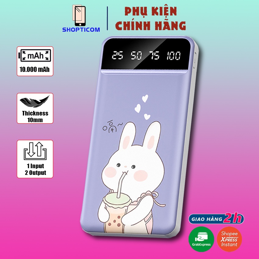 Sạc dự phòng 10000mAh không dây mini có màn hình Led, cục pin sạc dự phòng cho điện thoại cute 2 cổng chính hãng S P