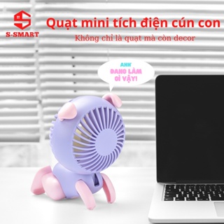 Quạt mini tích điện, quat cầm tay để bàn hình cún con dễ thương, kê điện thoại decor