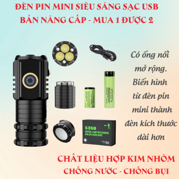 Đèn Pin Mini Siêu Sáng Sạc USB Bản Nâng Cấp Có Ống Nối Mở Rộng Nâng Cấp Thành Đèn Dài Hơn Siêu Tiện Lợi