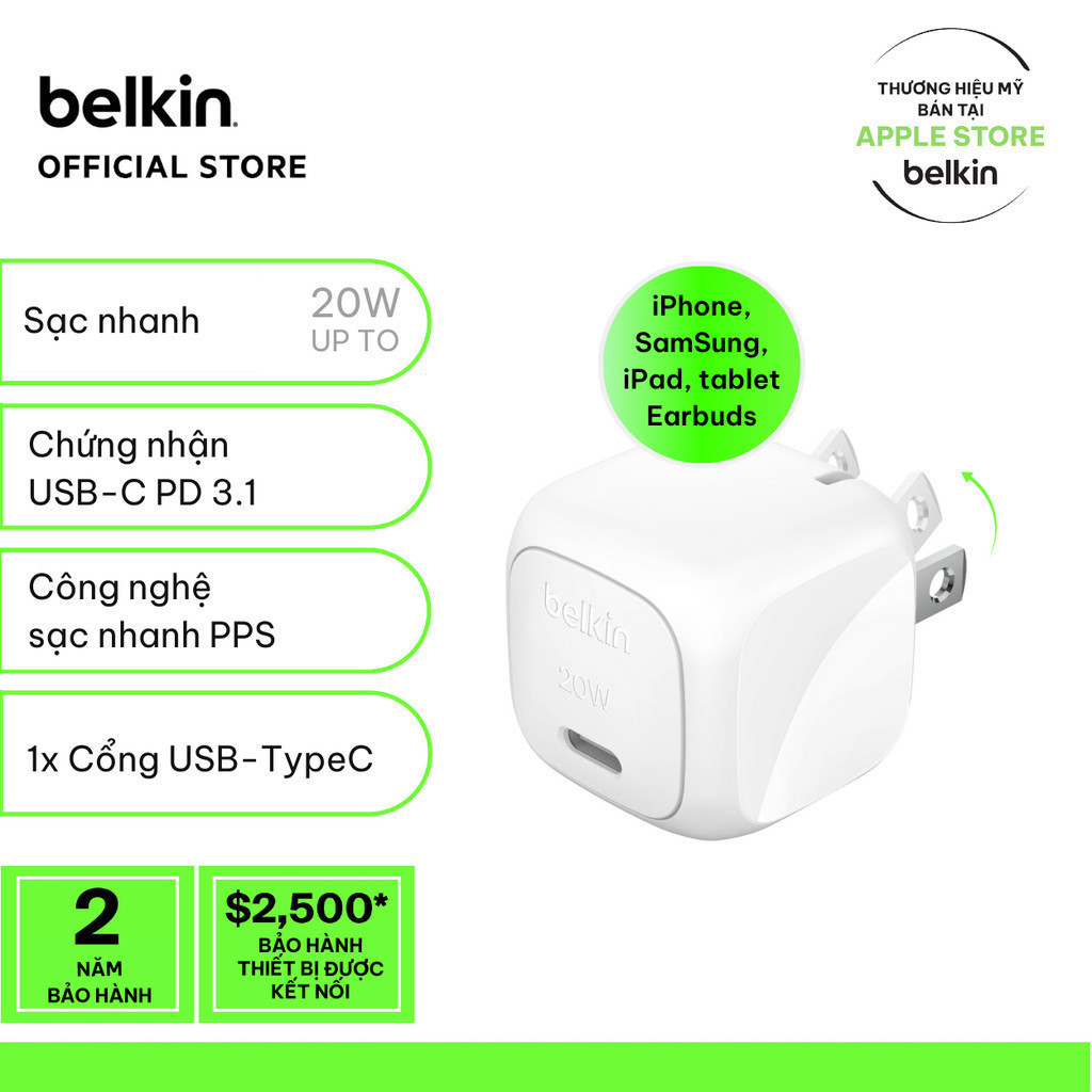 Củ sạc nhanh Belkin Boost Charge 20W chuẩn PD PPS nhỏ gọn 1 cổng USB-C an toàn cho iPhone bảo hành 2 năm
