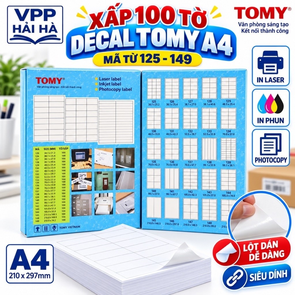 Giấy decal Tomy A4 mã 125, 126,127, 128, 129, 130, 131, 132,133,134,135,136,137,138,139,140,141,142,143,144