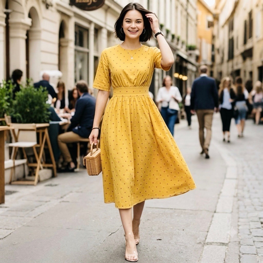 Đầm midi bi vàng bo eo mặc đi làm đi du lịch dạo phố đều xinh (kèm hình thật)