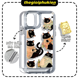 Ốp lưng iphone trong suốt siêu dày mèo đen cute viền vuông nút bấm kim loại dành cho ip 6 đến 14promax - sd2504