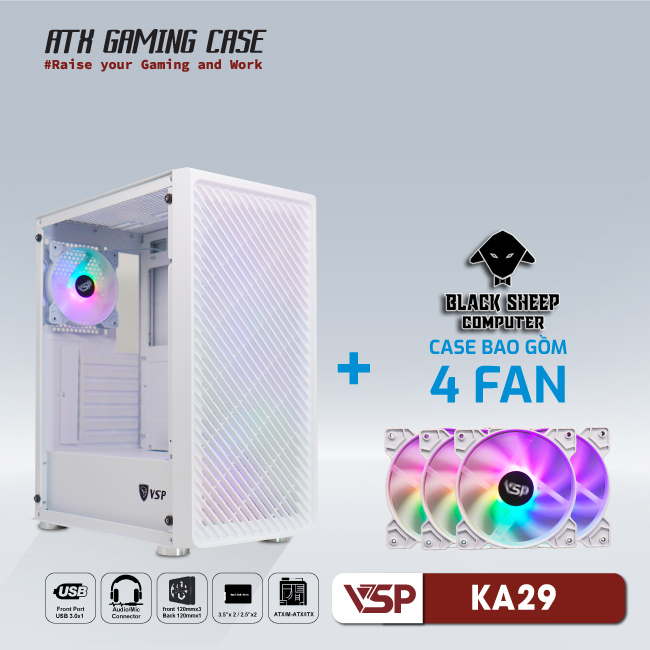 Vỏ Case VSP KA29 WHITE ((SẴN 4 FAN LED)