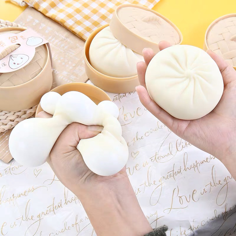 Đồ chơi squishy bánh bao kèm khay đựng mềm dẻo mochi màn thầu mềm bóp xả stress