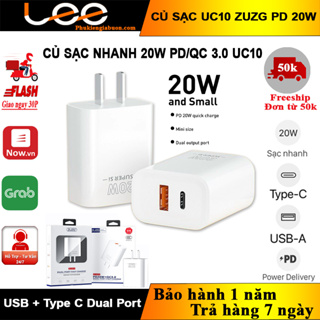 Củ sạc nhanh 2 Cổng siêu nhỏ gọn ZUZG U-C CU10 USB QC 3.0  và TypeC PD 20W dùng cho IP , Smartphone.