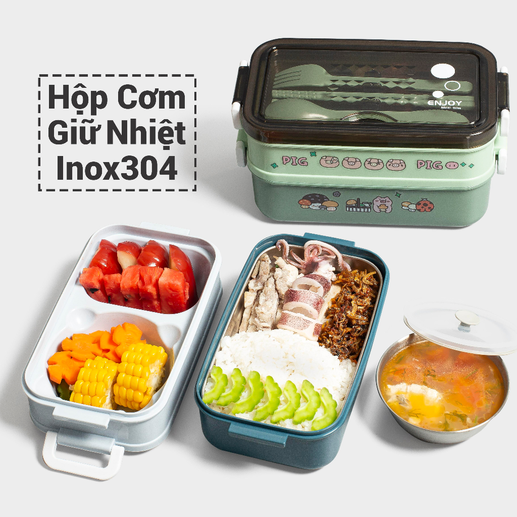 Hộp cơm giữ nhiệt 2 tầng cao cấp Fan House Enjoy, dung tích 1600ml, chất liệu inox 304, tặng bộ đũa thìa