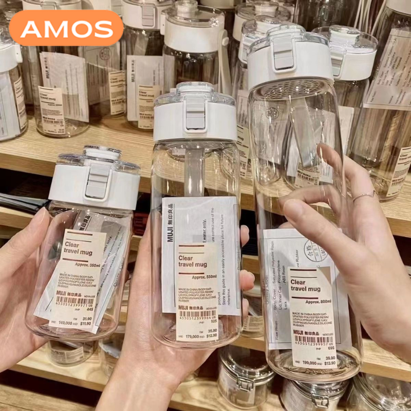Bình nhựa đựng nước Muji trong suốt 350ml, 550ml, 800ml cao cấp có nắp chống tràn và quai đeo silicone