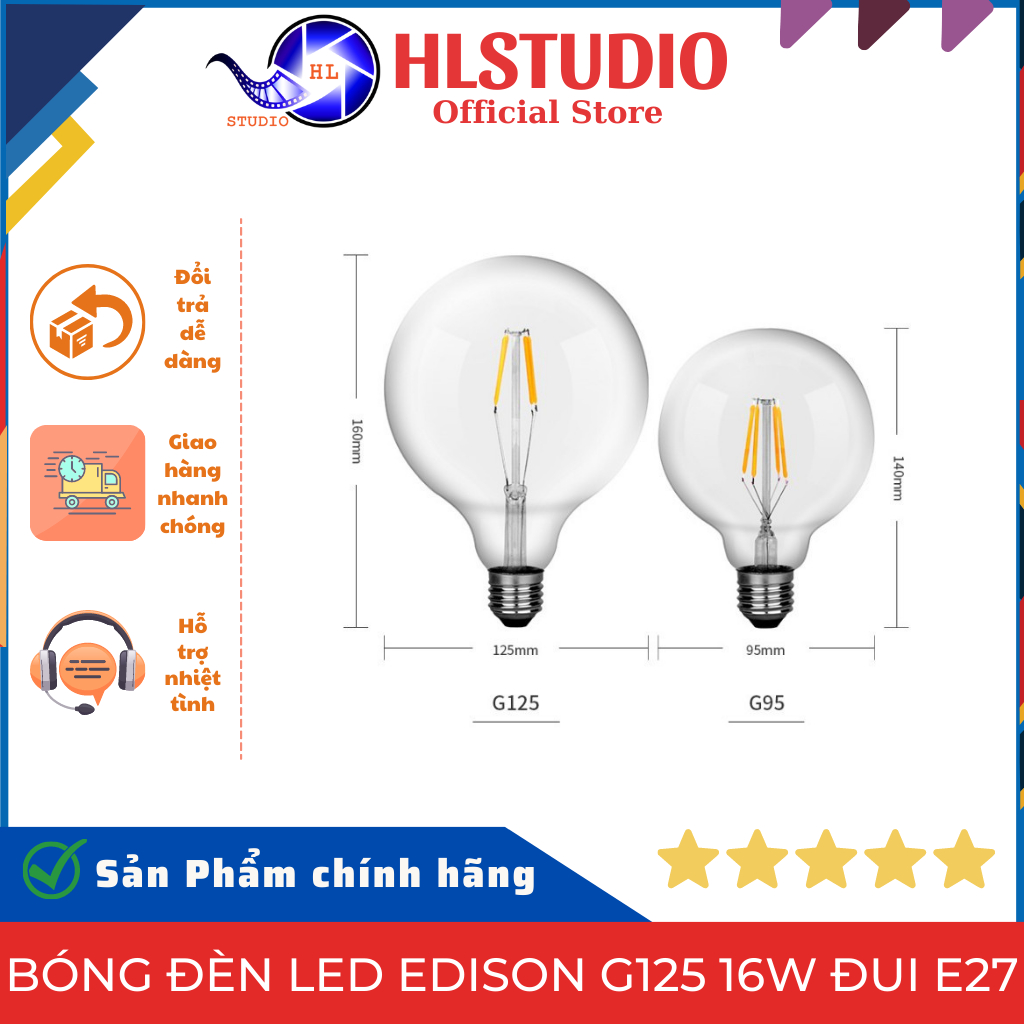 Bóng Đèn LED Edison G125 16W Đuôi E27 HL Studio