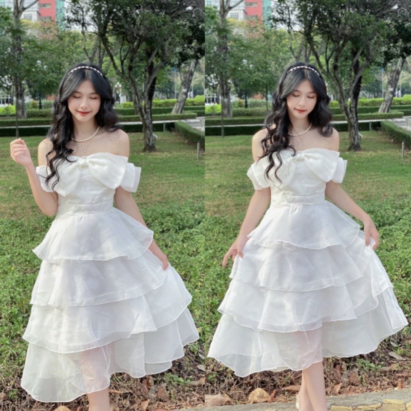 Váy công chúa trễ vai nơ đá xoè 4 tầng chất voan tơ đầm babydoll dáng xoè 2 dây đi chơi dự tiệc đám cưới kỷ yếu hàn quốc
