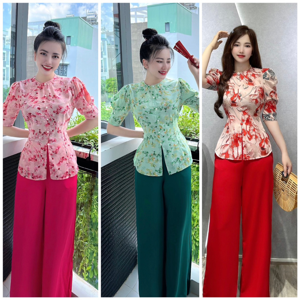 BỘ BÀ BA LỤA HOA 3D TAY PHỒNG