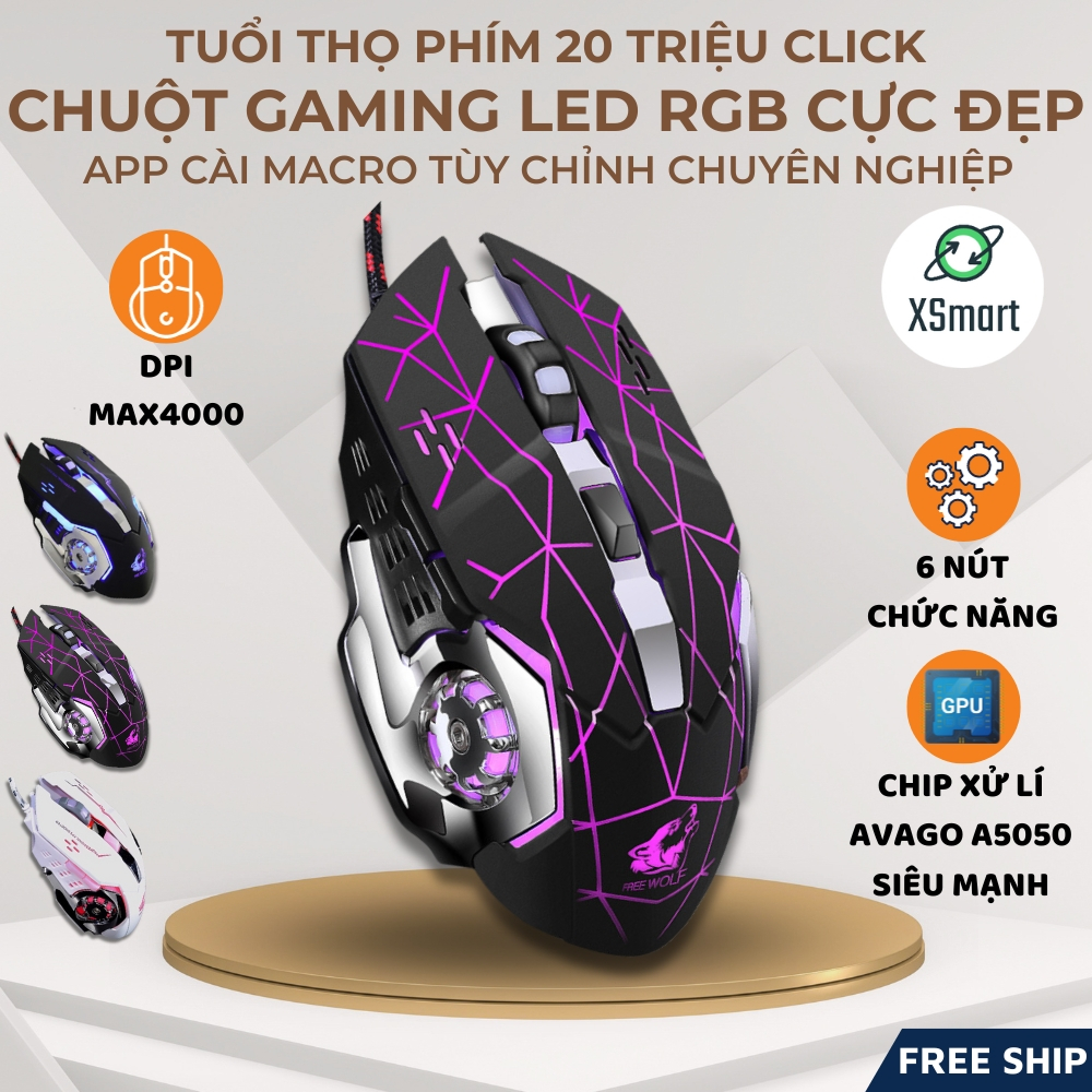 Chuột Gaming Máy Tính FREE WOLF V5 PRO LED RGB đổi màu cực đẹp chuyên game, chỉnh được dpi
