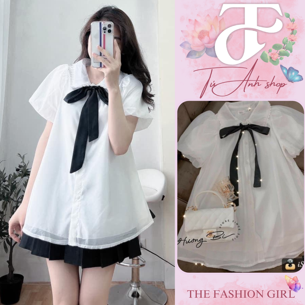 💖FREESHIP💖Áo sơ mi cổ ren kèm nơ - Áo babydoll tơ 2 lớp, cổ viền ren kèm nơ