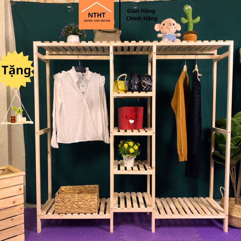 Kệ treo quần áo, tủ treo quần áo đa năng 3 khoang gỗ thông hàng xuất khẩu, KT D150 x R35 x C150