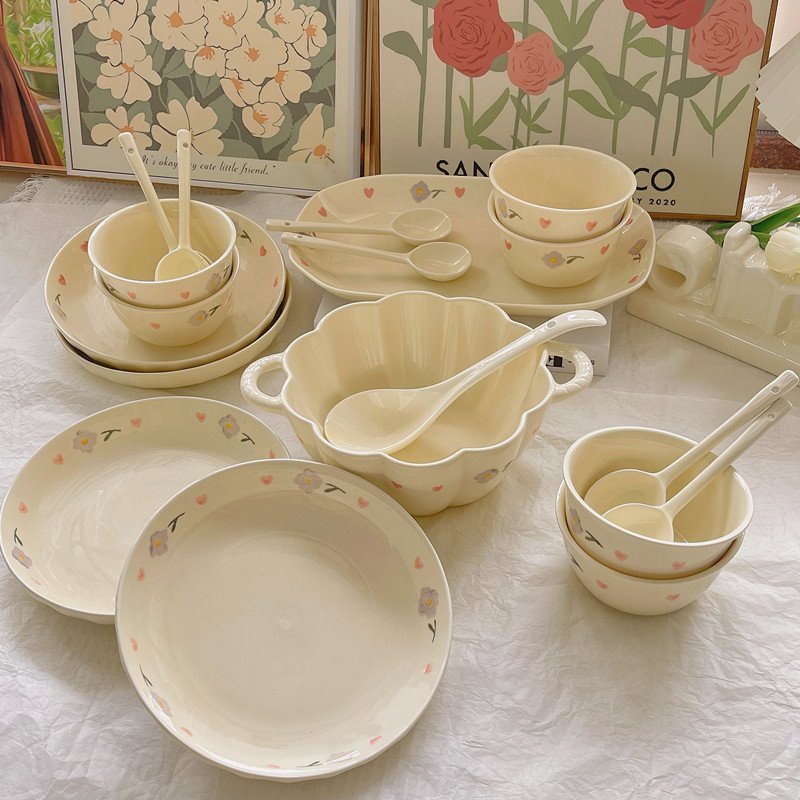 Bộ chén sứ, đĩa, thố, tô, ly ,bộ dụng cụ ăn cơm gia đình hoa kem đáng yêu - Gốm sứ SH