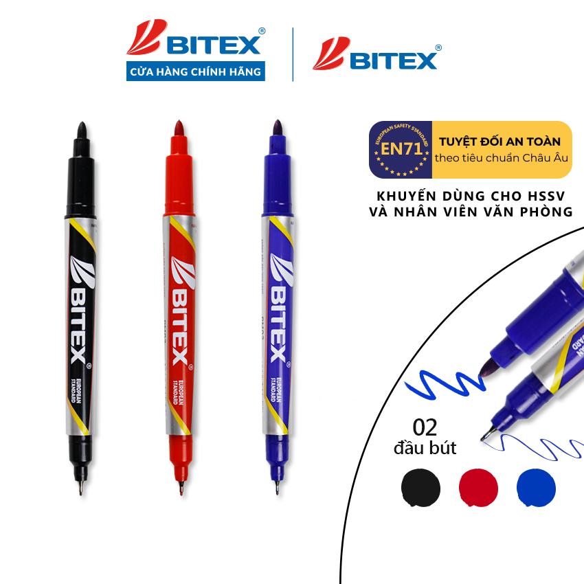 Bút lông dầu Bitex PM02 mực xanh, đen, đỏ (1 cây)