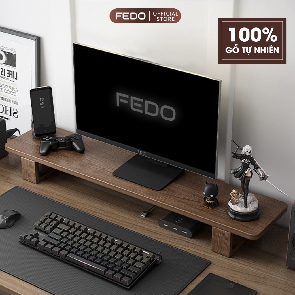 Kệ màn hình máy tính FEDO decor góc làm việc từ gỗ tự nhiên màu vintage, phủ bóng, bo tròn tinh sảo FE1