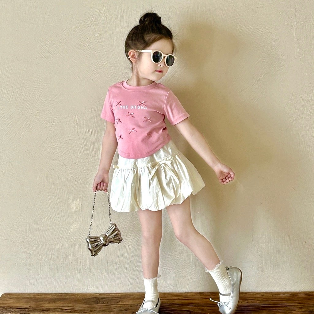 <LOẠI 1> Váy bé gái, set áo phông cọc tay cotton đính nơ phối chân váy lót trong dáng phồng cách 10 - 30kg Miuly Kids