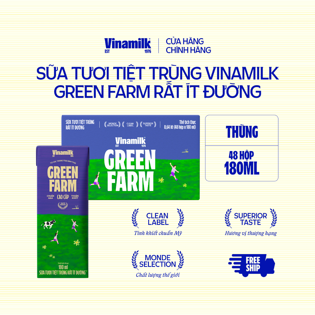 Thùng 48 Hộp Sữa Tươi Tiệt Trùng Vinamilk Green Farm Rất ít đường 180ml| [Có thể nhận bao bì Tết/ Thường]