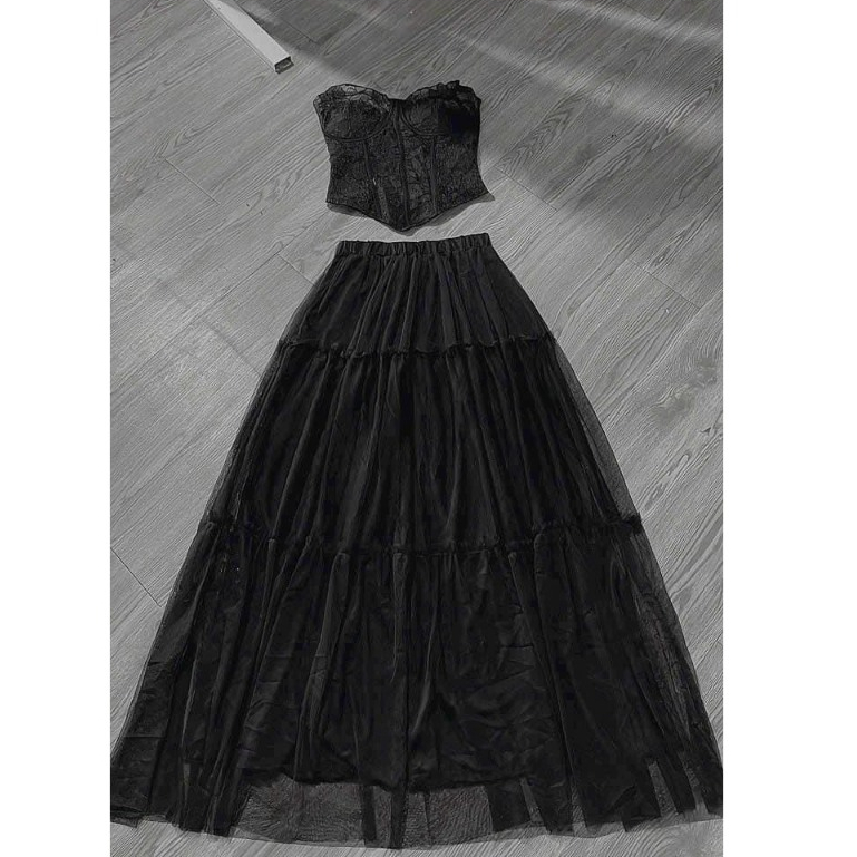 Set Áo Ren Cup mix Chân Váy Lưới Dài 3 Tầng