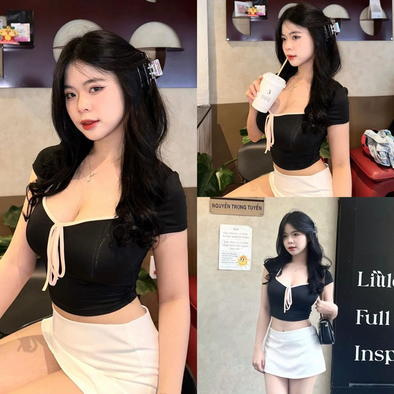 Áo Croptop Tay Ngắn Viền Thắt Nơ Chất Thun Gân YUMI BÁN SỈ