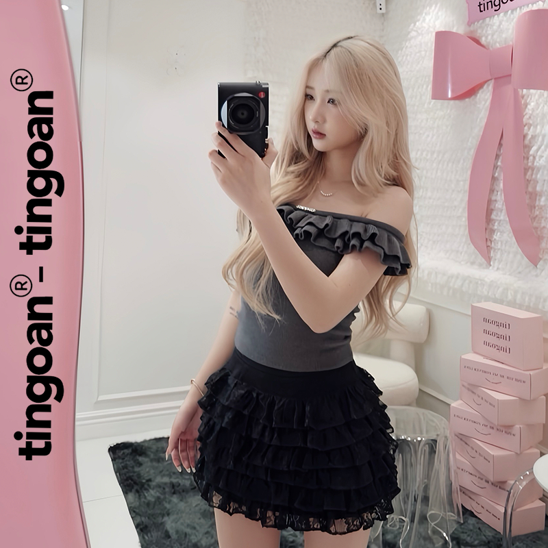 TINGOAN® - Áo len xù xám trễ vai phối hai bèo XING XING TOP/GR