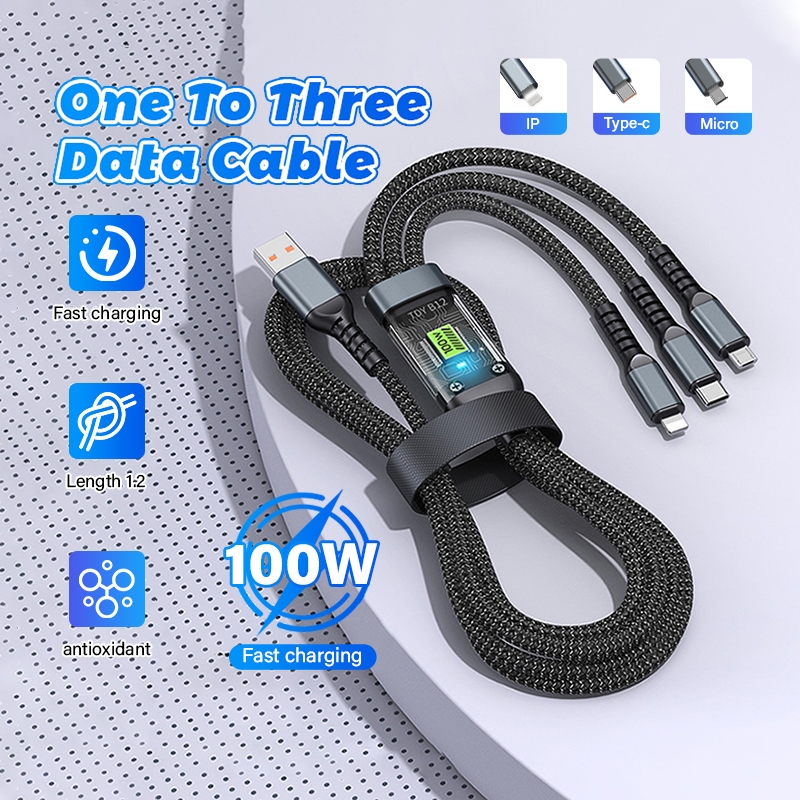 Dây cáp sạc siêu nhanh 3 đầu 100W 6A Micro USB Type C 3 trong 1 dây cáp dữ liệu Cáp Sạc Nhanh