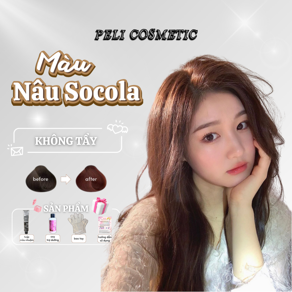 Thuốc nhuộm tóc tại nhà màu NÂU SOCOLA, CHOCOLATE không cần tẩy, Tặng kèm Oxy trợ dưỡng và bao tay