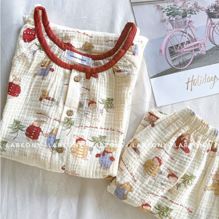 Đồ bộ nữ mặc nhà Pyjama Muslin Lá hồng thỏ noel cổ tròn ngắn dài Labeony
