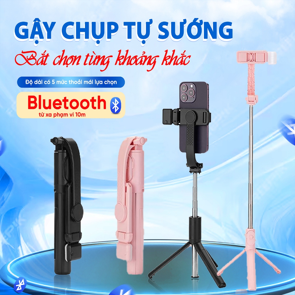 Gậy chụp hình gấp gọn, có remote kết nối bluetooth và đèn LED trợ sáng, quay được 360 độ.