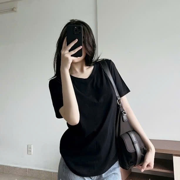 Áo thun trơn cổ tim dáng rộng mùa hè , thoáng mát, chất liệu cotton tici