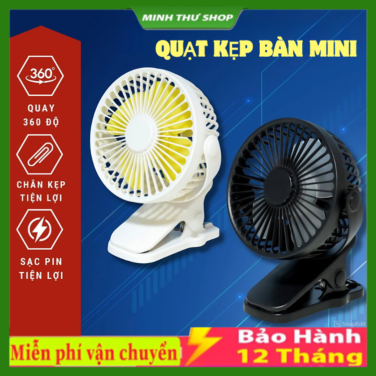 Quạt Mini Để Bàn Sạc Pin Kèm Chân Kẹp Xoay 360 Độ Quạt Tích Điện Mini 3 Cấp Độ Gió