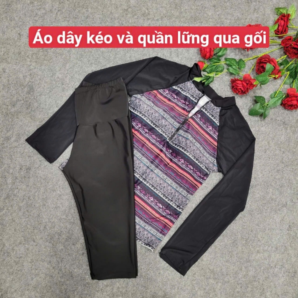 8 Mẫu bộ bơi nữ áo tay dài kèm quần lững qua gối cạp cao có sẵn đệm ngực{free size 40-60kg}
