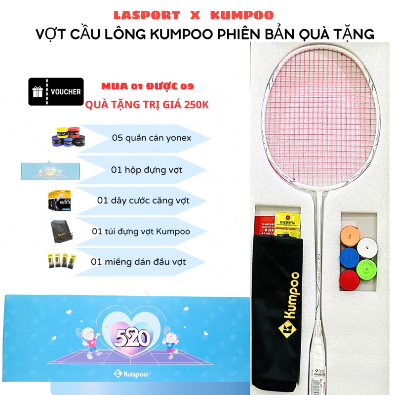 Vợt cầu lông Kumpoo K520pro chính hãng PHIÊN BẢN HỘP QUÀ, căng sẵn 11kg tặng kèm 9 món quà
