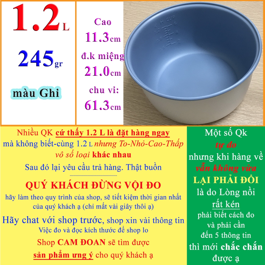 Lòng nồi cơm điện (ruột nồi cơm điện) 1.2 L màu Ghi trắng nặng 245 gr