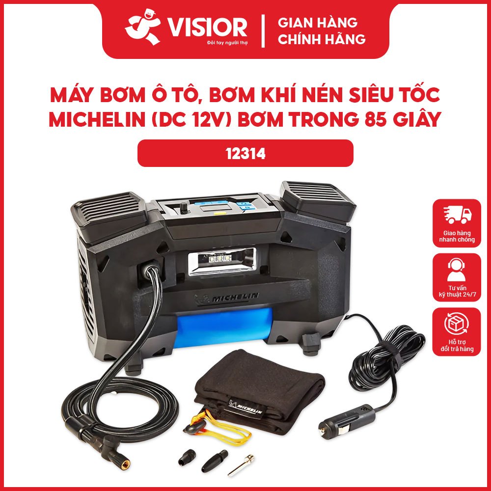 Máy bơm lốp Michelin 12314 – 12V, tự ngắt, áp suất 80 PSI, kèm đầu bơm đa năng